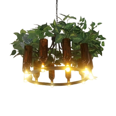 10 Lights Wagon Wheel Chandelier Antique Green Metal LED Plant Pendant Light for Restaurant