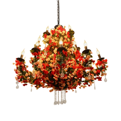 15 Lights Metal Ceiling Chandelier Retro Red 3 Tiers Restaurant LED Flower Down Lighting with Crystal Draping