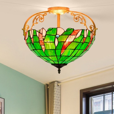 3 Lights Bedroom Semi Flush Light Tiffany Green Ceiling Fixture with Domed Cut Glass Shade