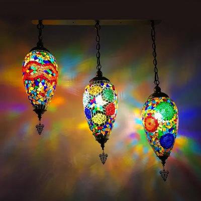 3 Lights Waterdrop Cluster Pendant Art Deco Blue/Green/Blue and Red Stained Glass Hanging Light Kit for Coffee House