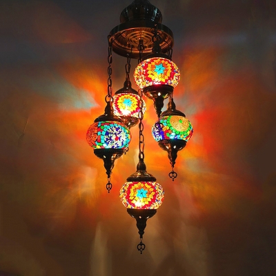 5 Lights Oval Chandelier Lighting Art Deco White/Orange/Blue Stained Glass Hanging Lamp Kit