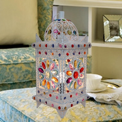 Antique Lantern Table Lighting 1 Bulb Metal Nightstand Light in White for Living Room