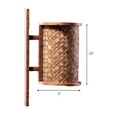 Bamboo Cylindrical Wall Lamp Asia 1 Head Sconce Light Fixture in Brown with Rectangular Backplate