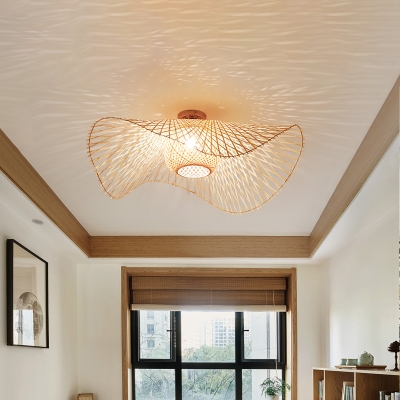 Bamboo Hand-Worked Semi Flush Light Japanese 1 Heads Beige Close to Ceiling Lighting