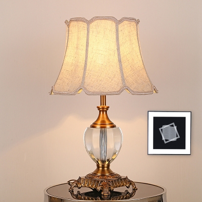 Bell Bedroom Table Light Traditionalism Fabric 1 Bulb Beige Night Lamp with Clear Crystal Accent