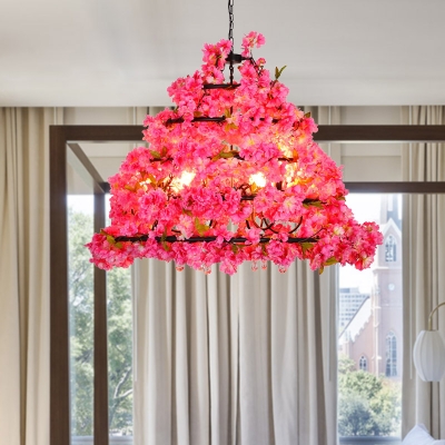 Cherry Blossom Metal Chandelier Light Industrial 6 Bulbs Restaurant Hanging Lamp in Purple