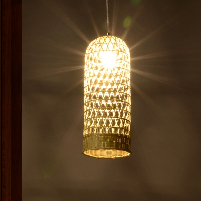 Chinese Hand Woven Pendant Lighting Bamboo 1 Bulb Ceiling Suspension Lamp in Beige