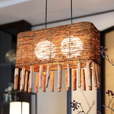 Chinese Rectangular Hanging Chandelier Rattan 2 Bulbs Ceiling Pendant Light in Brown