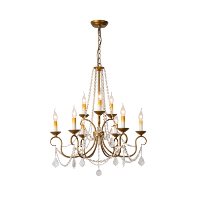 Countryside Candelabra Chandelier Light 6/9 Lights Metal Pendant Lamp in Brass with Crystal Accent