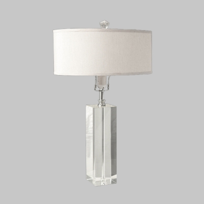 Drum Bedroom Table Light Traditionalism Fabric 1 Bulb White Night Lamp with Rectangle Crystal Accent