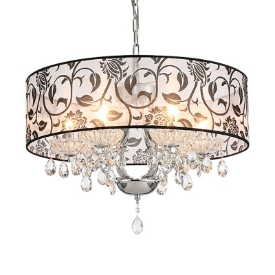Drum Chandelier Light Fixture with Flower Pattern Modernist Crystal 5/6-Bulb Suspension Light in Chrome, 19.5