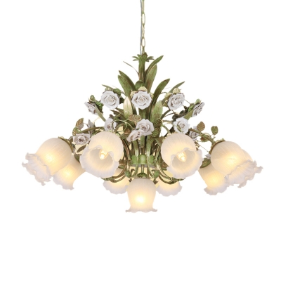 Floral Cream Glass Chandelier Light Traditionalism 4/7/9 Bulbs Bedroom LED Pendant Lamp in Green