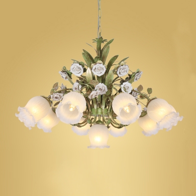 Floral Cream Glass Chandelier Light Traditionalism 4/7/9 Bulbs Bedroom LED Pendant Lamp in Green