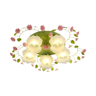 Floral Opal Glass Ceiling Light Country 5 Bulbs Living Room Flush Mount Lighting in White/Green