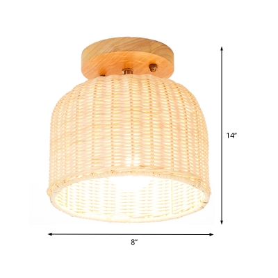 Hand Woven Semi Flush Mount Chinese Bamboo 1 Head Ceiling Mounted Light in Beige