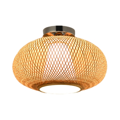 Japanese 1 Bulb Semi Flush Light Flaxen Hand-Worked Ceiling Mounted Fixture with Bamboo Shade