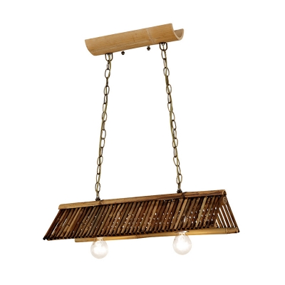 Japanese Flare Island Light Bamboo 2 Bulbs Suspended Lighting Fixture in Brown with Adjustable Chain