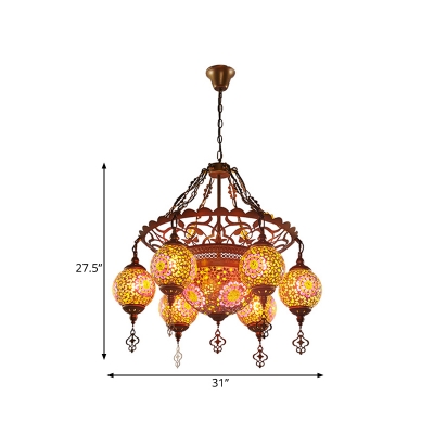 Lantern Stained Glass Chandelier Lamp Traditional 9 Heads Restaurant Suspension Pendant Light in Brass