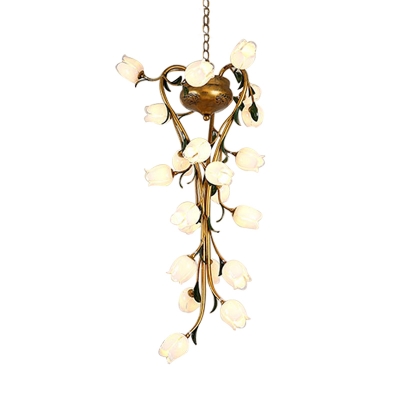 Metal Brass Chandelier Lamp Flower 21-Head Vintage LED Ceiling Hang Fixture for Stair