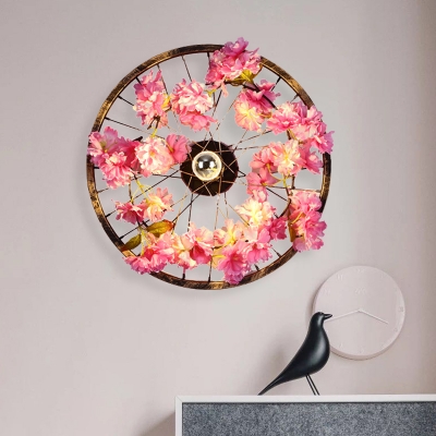 Metal Ring Sconce Light Industrial LED Restaurant Wall Lighting in Brass with Cherry Blossom, 12.5