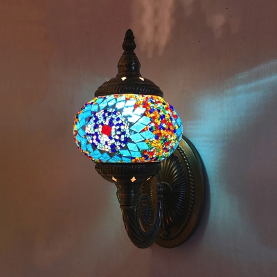 Oval Corridor Wall Light Fixture Art Deco Red/Orange/Blue Stained Glass 1 Bulb Bronze Sconce Lamp