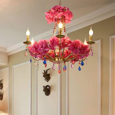 Pink 6 Heads Chandelier Lighting Industrial Metal Candle LED Flower Suspension Pendant with Dangling Crystal
