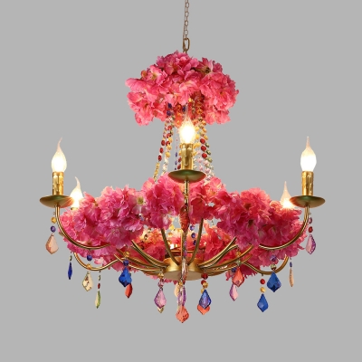 Pink 6 Heads Chandelier Lighting Industrial Metal Candle LED Flower Suspension Pendant with Dangling Crystal