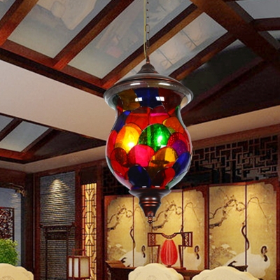 Red Glass Jar Hanging Chandelier Traditionalism 3 Heads Living Room Suspended Lighting Fixture