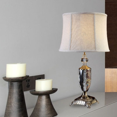 Retro Drum Table Lamp 1 Head Clear Crystal Nightstand Light in Cream Gray with Fabric Shade
