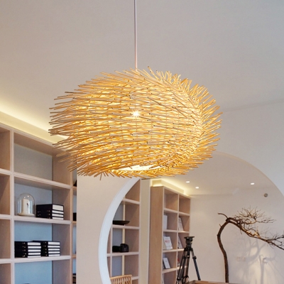 Sphere Pendant Light Asian Bamboo 1 Head Beige Suspended Lighting Fixture for Teahouse