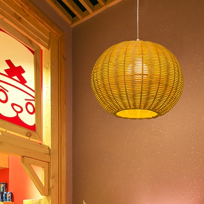 Spherical Pendant Lighting Japanese Bamboo 1 Head Ceiling Suspension Lamp in Beige