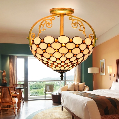 Stained Glass Beaded Semi Flush Lighting Mediterranean 2 Lights Beige Ceiling Lamp