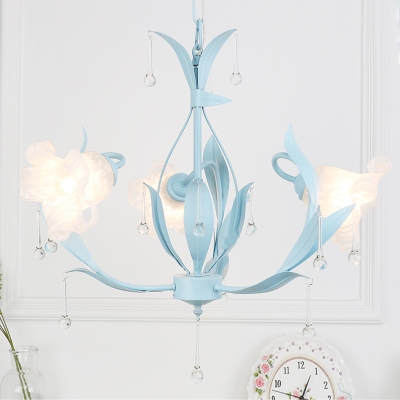 Traditional Flower Hanging Pendant 3/6 Heads White Glass Chandelier Lighting Fixture in Pink/Blue/Green for Living Room