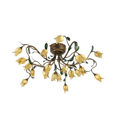Tulip Amber Glass Chandelier Light Traditionalism 20 Bulbs Living Room LED Pendant Lamp in Brass
