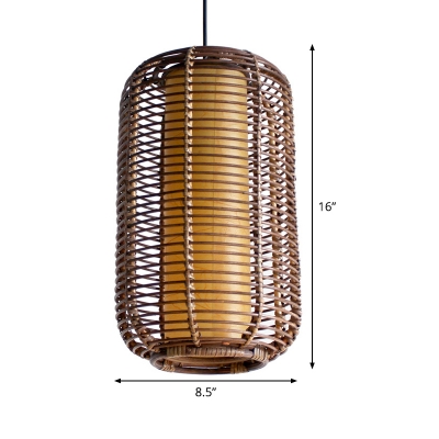 1 Bulb Cylindrical Pendant Lighting Japanese Bamboo Ceiling Suspension Lamp in Brown