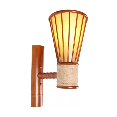1 Bulb Wide Flare Sconce Japanese Bamboo Wall Mounted Light Fixture in Red Brown