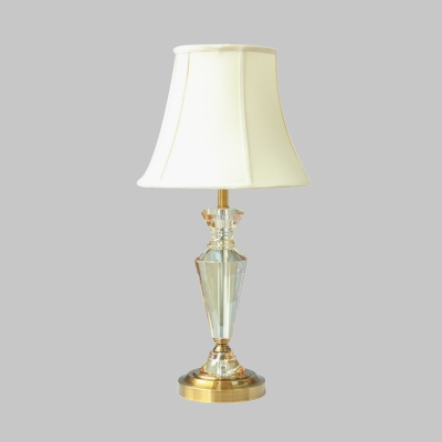 1 Head Paneled Bell Table Lamp Traditional White Fabric Nightstand Light with Clear Crystal Accent