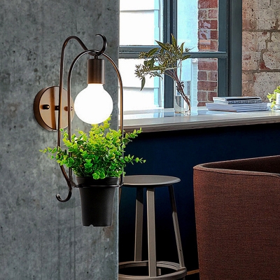 1 Light Potted Plant Sconce Lamp Industrial Black Metal LED Wall Light for Restaurant