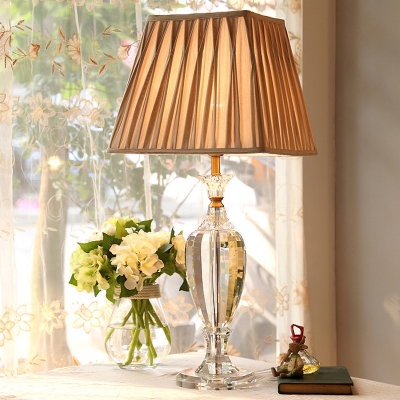 1 Light Trapezoid Table Lamp Traditional Beige Fabric Nightstand Light with Crystal Urn-Shaped Base