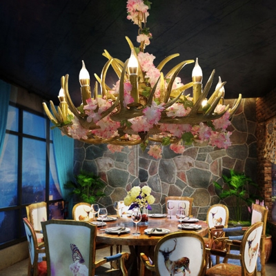 12 Bulbs Chandelier Light Industrial Antler Resin LED Suspension Lamp in Pink with Flower Decoration