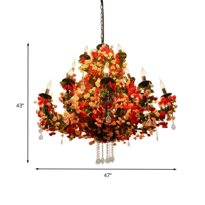15 Lights Metal Ceiling Chandelier Retro Red 3 Tiers Restaurant LED Flower Down Lighting with Crystal Draping