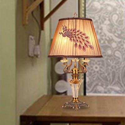 3/4 Heads Barrel Table Lamp Traditional Clear Beveled Crystal Nightstand Light with Brown Fabric Shade