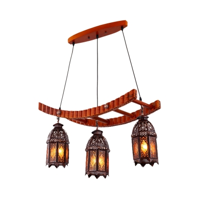 3 Bulbs Lantern Chandelier Lighting Decorative Metal Ceiling Suspension Lamp in Wood