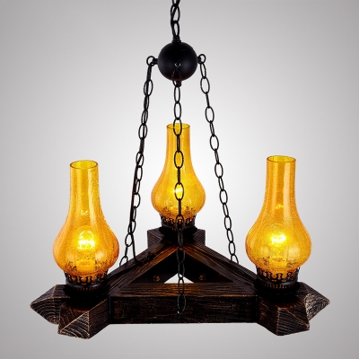 3 Lights Dining Room Chandelier Light Fixture Vintage Dark Wood Hanging Light with Vase Amber Crackle Glass Shade