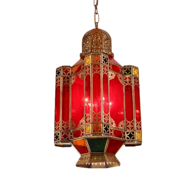 4 Lights Red Glass Chandelier Lighting Art Deco Brass Lantern Bar Hanging Lamp Fixture