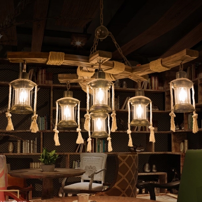 6 Lights Dining Room Island Lighting Warehouse Wood Pendant with Kerosene Clear Glass Shade