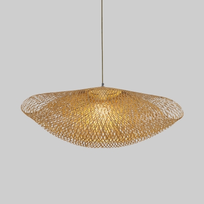 Asian 1 Bulb Ceiling Lamp Flaxen Handwoven Hanging Light Fixture with Bamboo Shade