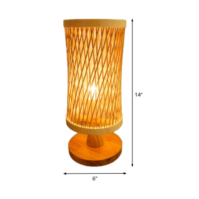 Beige Cylinder Desk Lamp Japanese 1 Bulb Bamboo Task Lighting with Circular Base