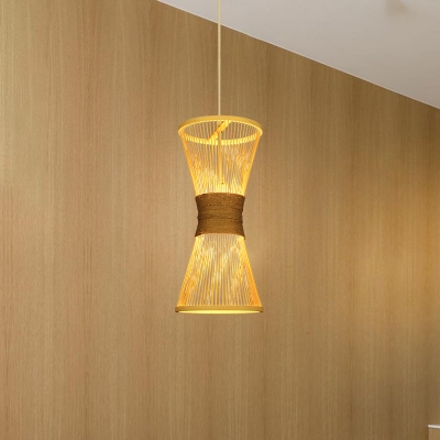 Beige Hourglass Pendant Lamp Asian 1 Bulb Bamboo Hanging Light Fixture for Living Room