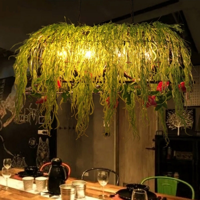 Birdcage Metal Island Chandelier Light Antique 4 Heads Restaurant Ceiling Lamp in Black with Grass Decoration
